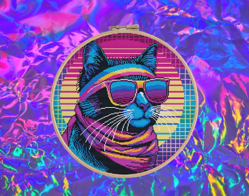 Retro Cool Cats - Disco Fever Neon Cat Cross Stitch Pattern