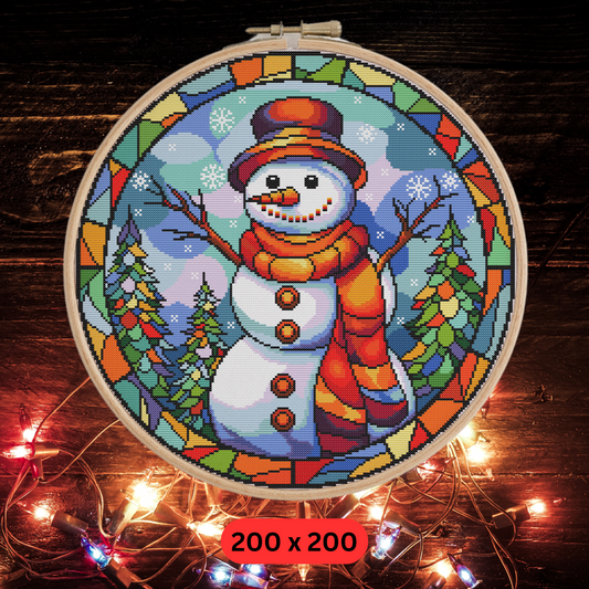 Stained Glass Snowman Christmas Cross Stitch Pattern