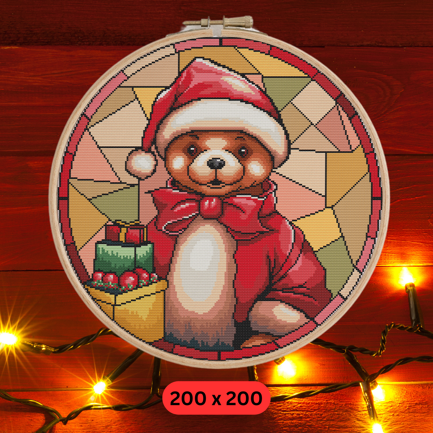 Stained Glass Teddy Bear Christmas Cross Stitch Pattern