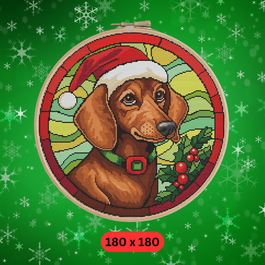 Stained Glass Christmas Dachshund Cross Stitch Pattern