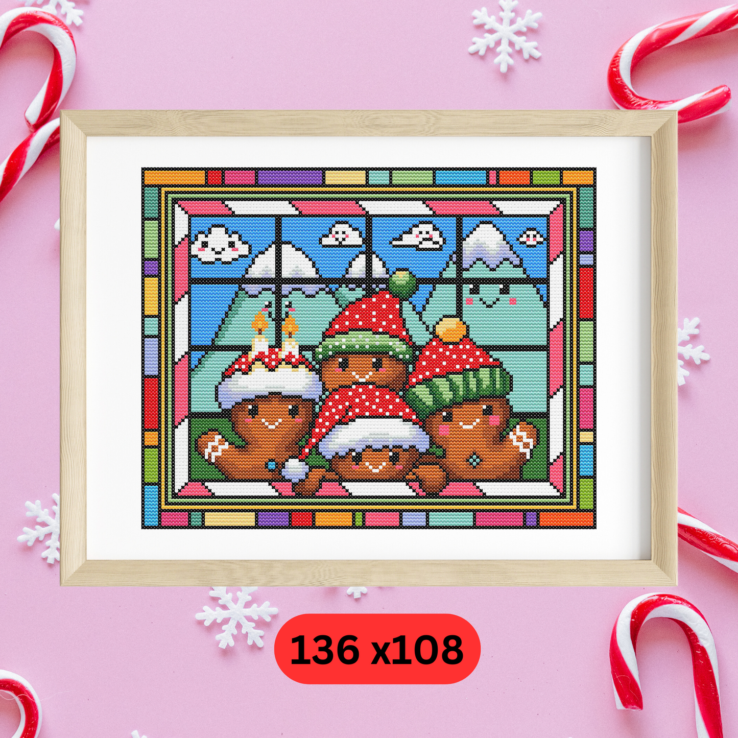 Stained Glass Gingerbread Christmas Peeking Cross Stitch Pattern