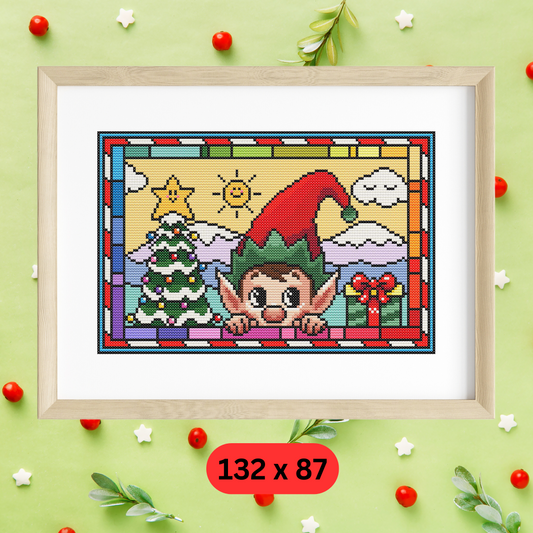 Stained Glass Elf Christmas Peeking Cross Stitch Pattern