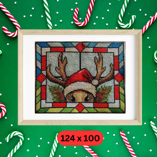 Stained Glass Rudolph The Reindeer Christmas Peeking Cross Stitch Pattern