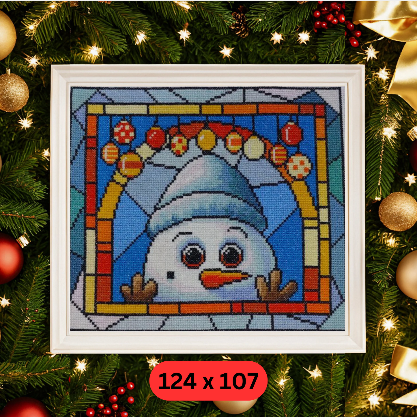 Stained Glass Snow Man Christmas Peeking Cross Stitch Pattern