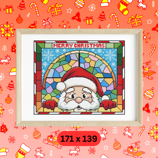 Stained Glass Santa's Workshop Window Christmas Peeking Cross Stitch Pattern