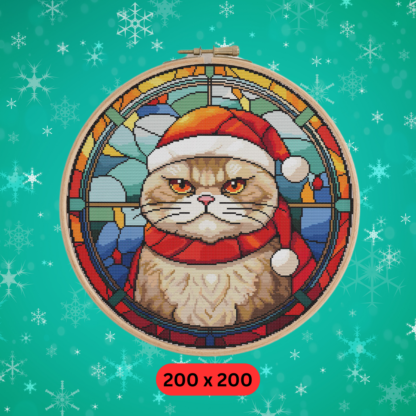 Stained Glass Grumpy Christmas Cat Cross Stitch Pattern