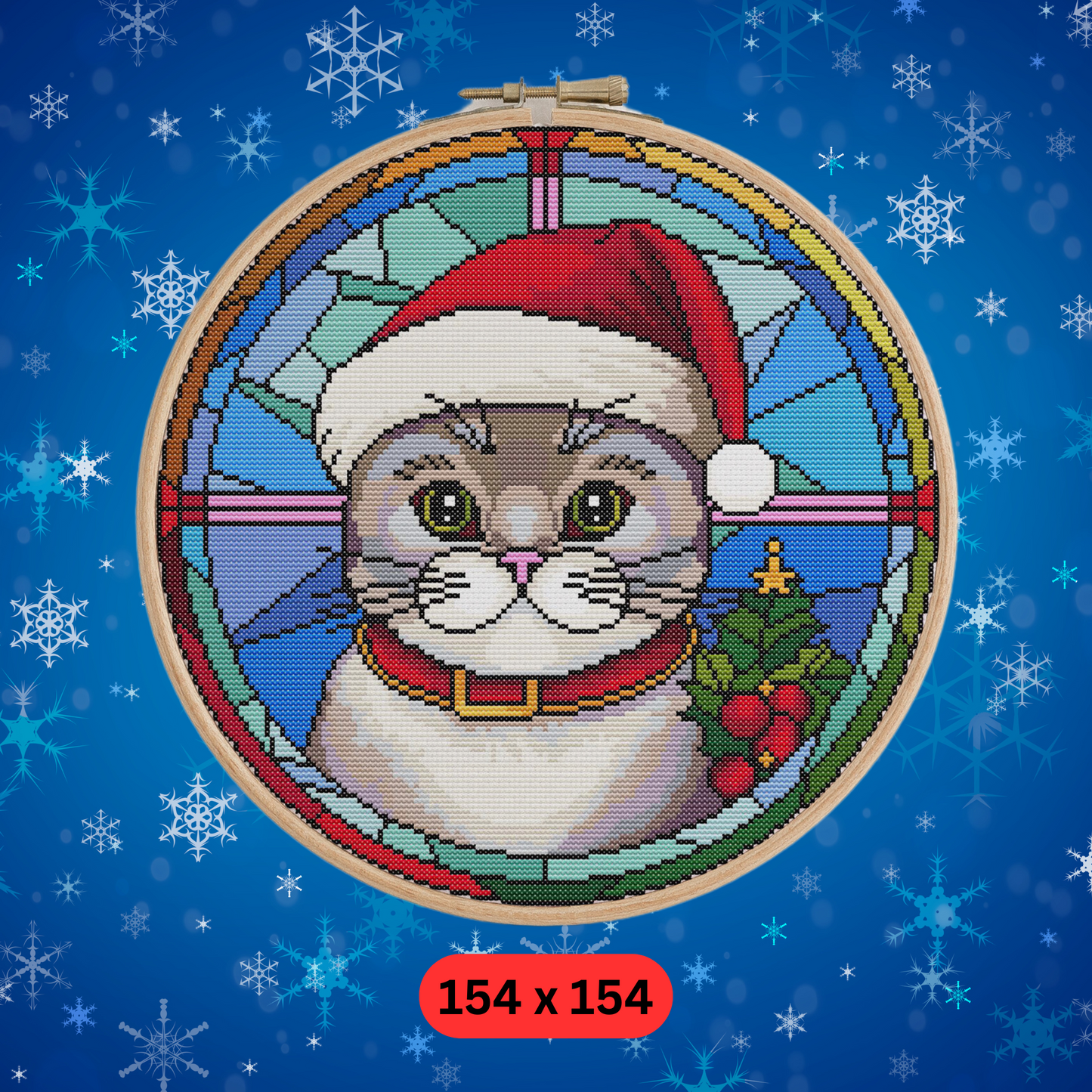 Stained Glass Peppy Christmas Cat Cross Stitch Pattern