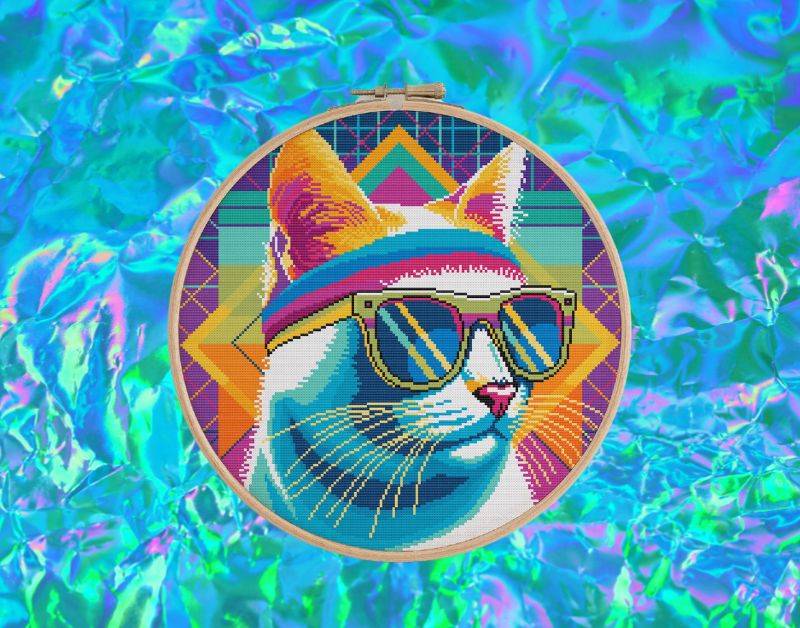 Retro Cool Cats - Funky Groove Neon Cat Cross Stitch Pattern