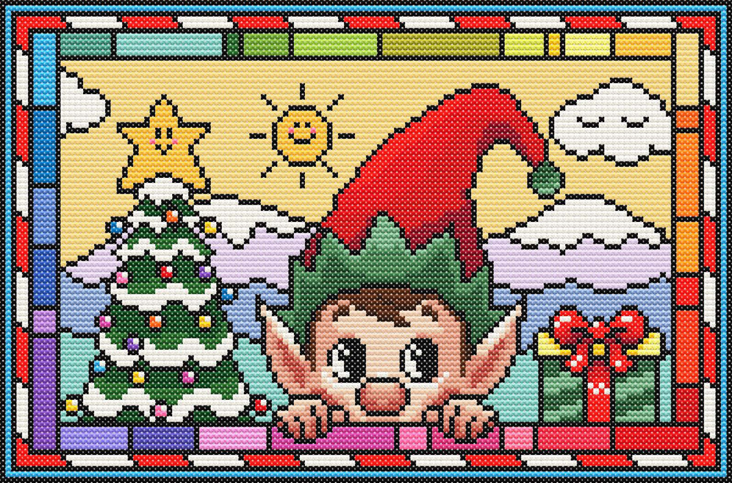 Stained Glass Elf Christmas Peeking Cross Stitch Pattern