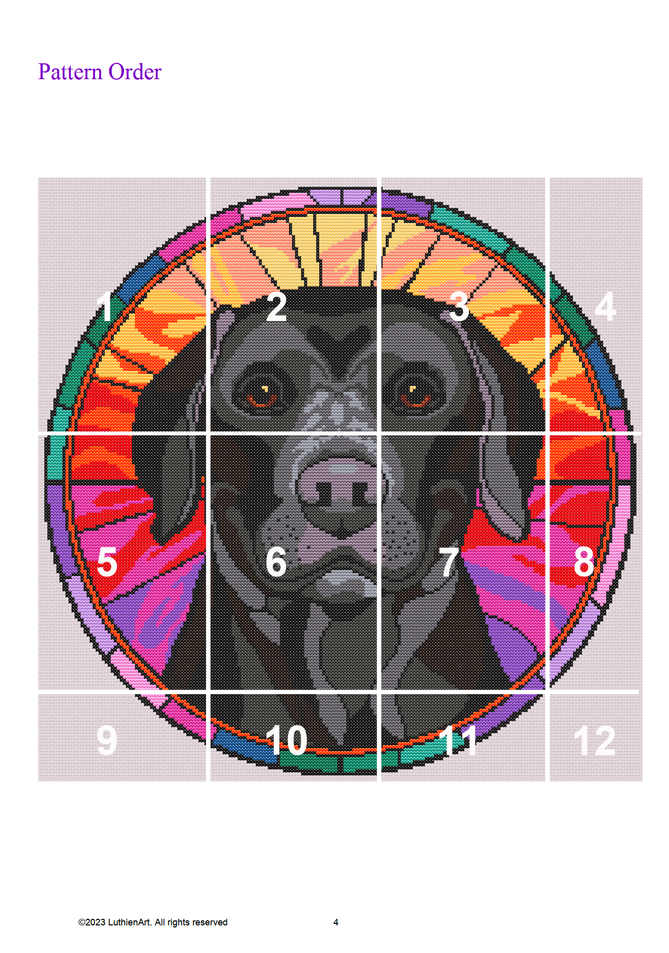 Stained Glass Black Labrador Retriever Cross Stitch Pattern