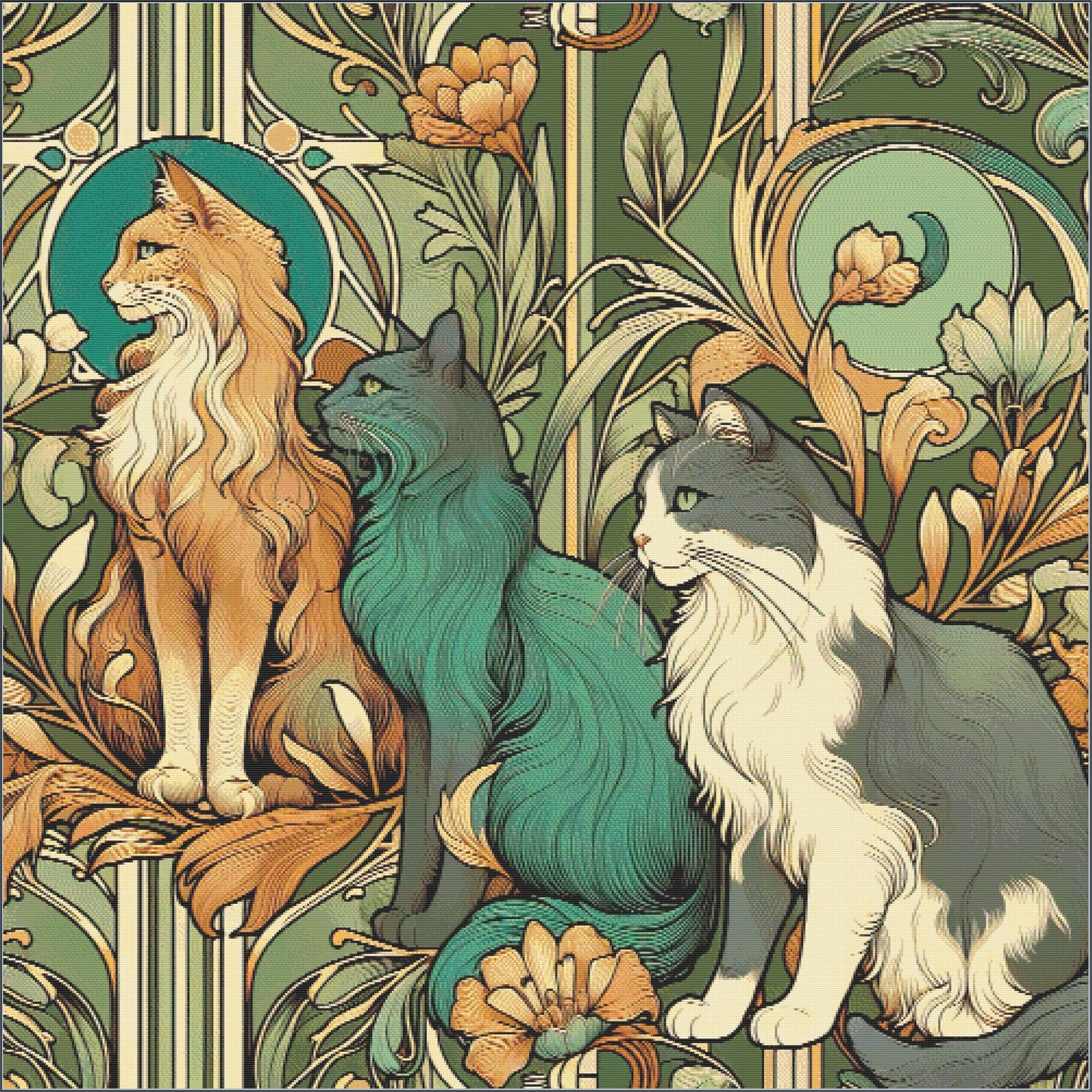 Art Nouveau Floral Cats Cross Stitch Chart