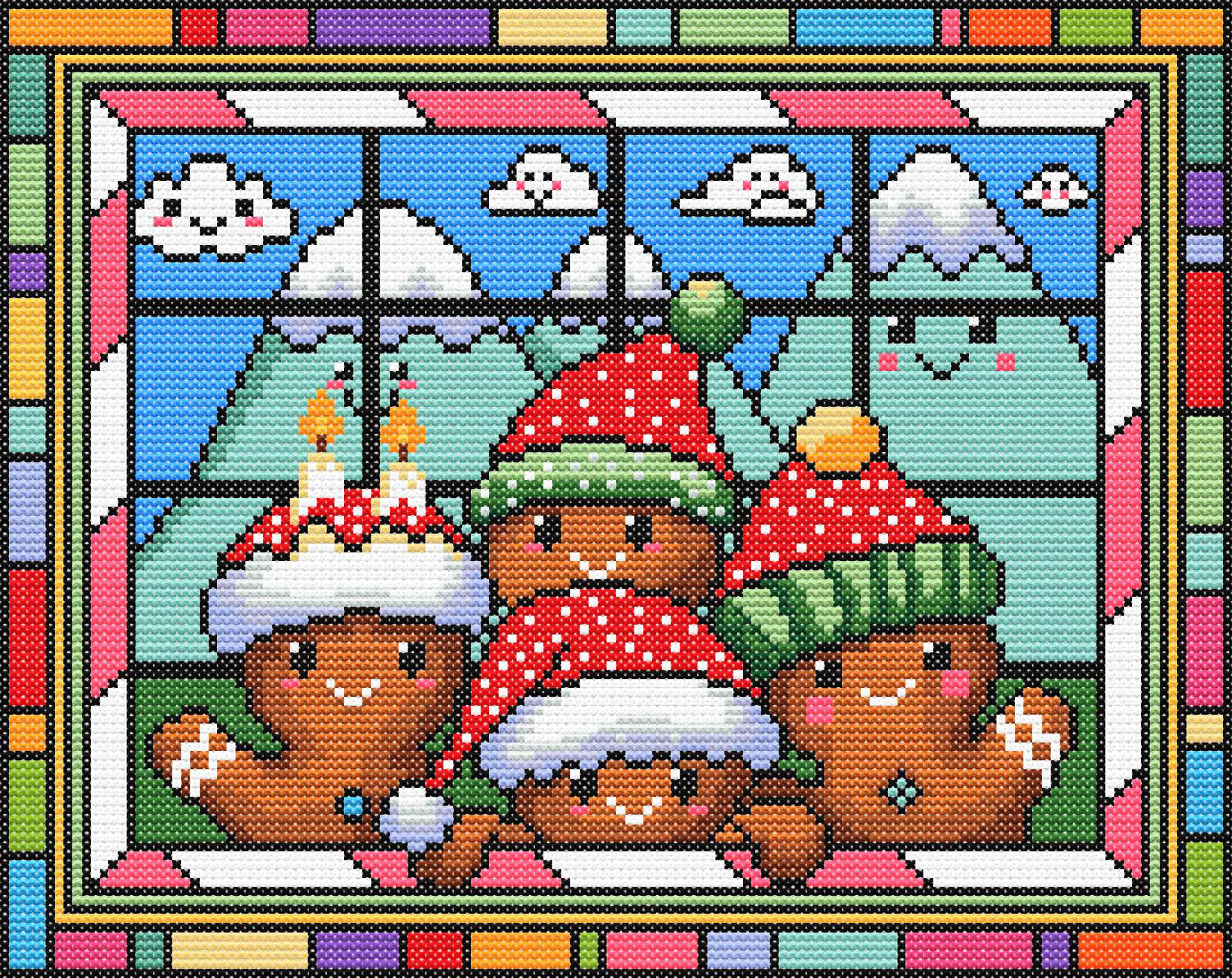 Stained Glass Gingerbread Christmas Peeking Cross Stitch Pattern