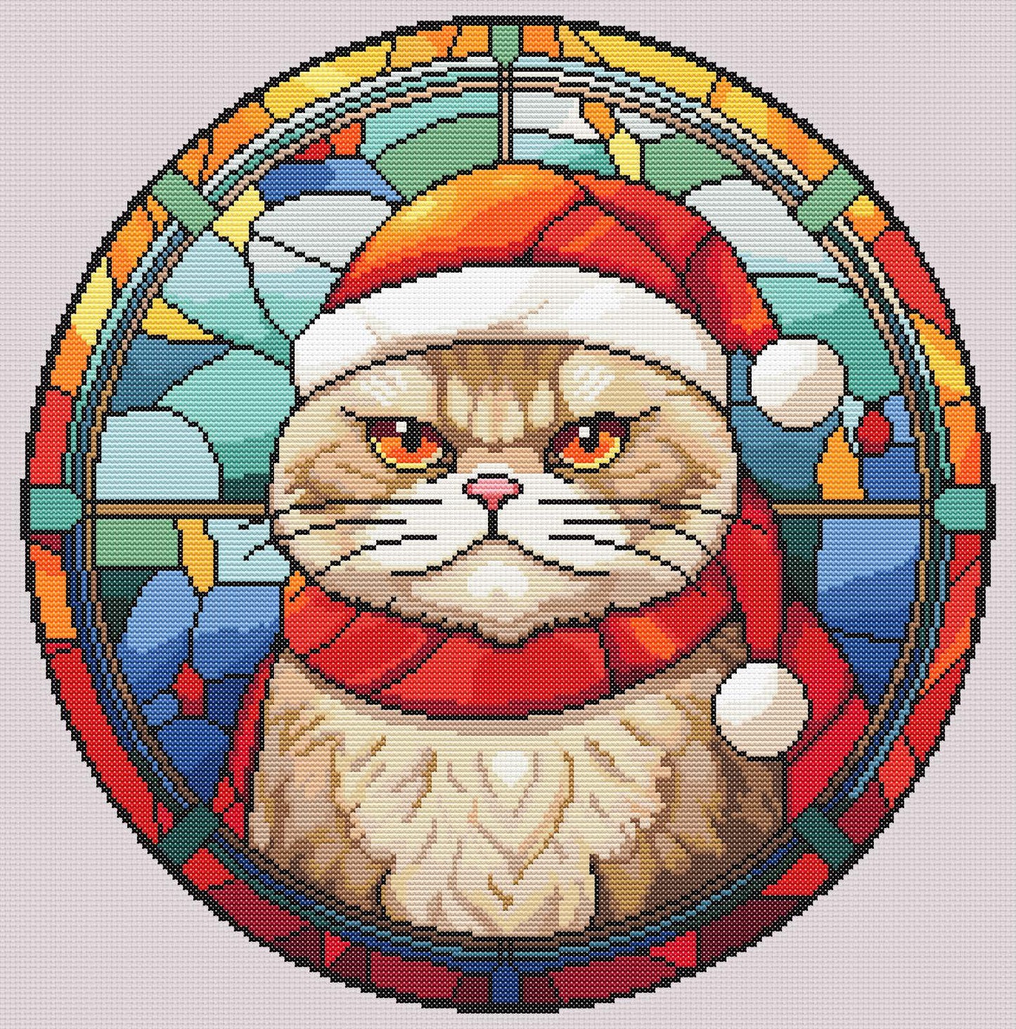 Stained Glass Grumpy Christmas Cat Cross Stitch Pattern