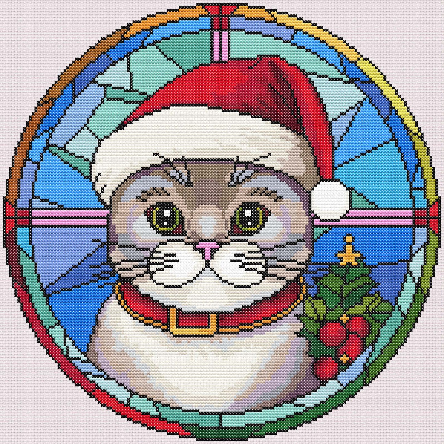 Stained Glass Peppy Christmas Cat Cross Stitch Pattern