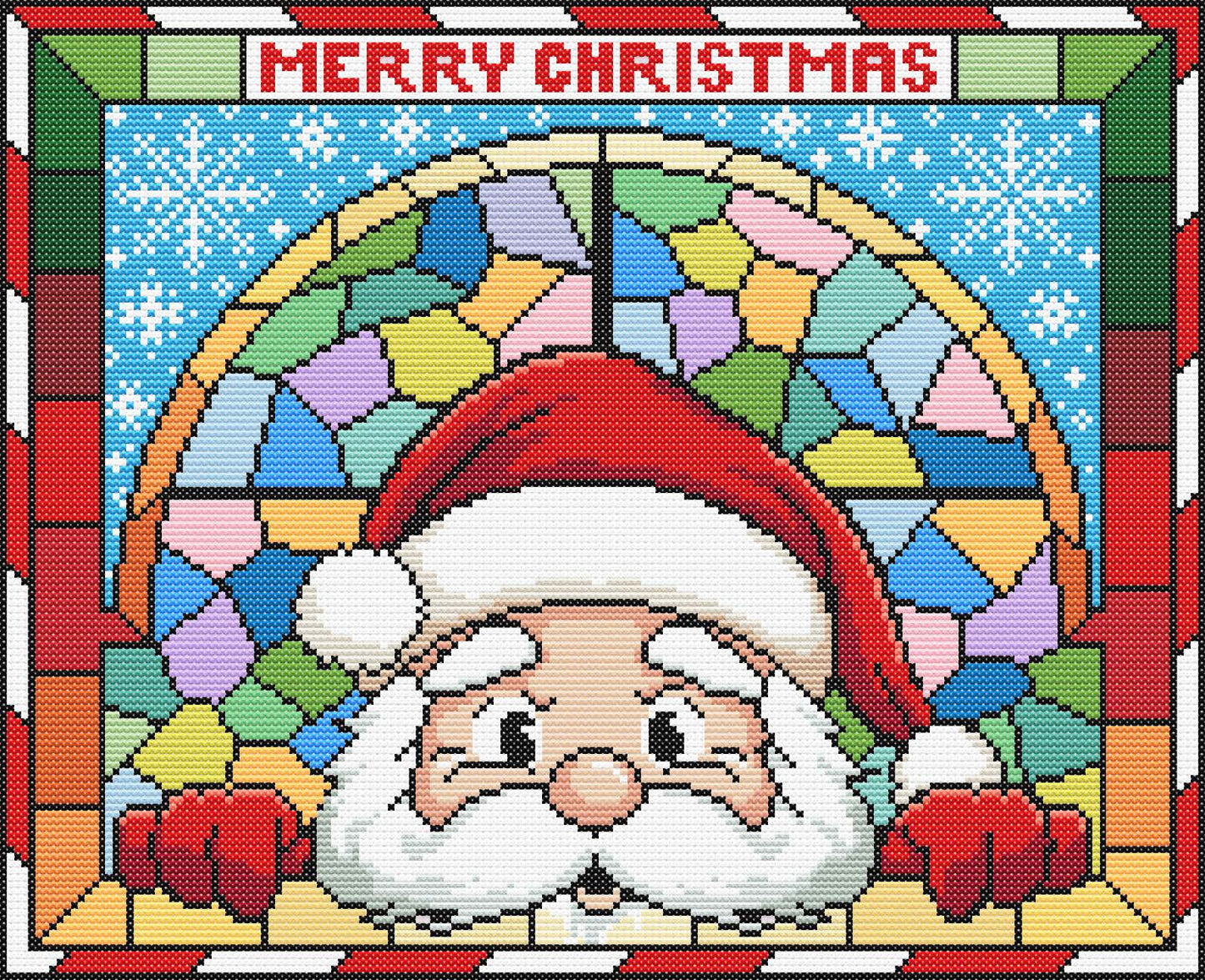 Stained Glass Santa's Workshop Window Christmas Peeking Cross Stitch Pattern