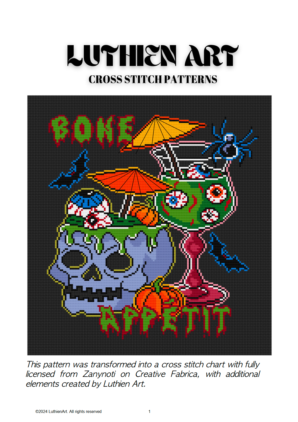 Bone Appetit Skull Cocktail Halloween Cross Stitch Pattern