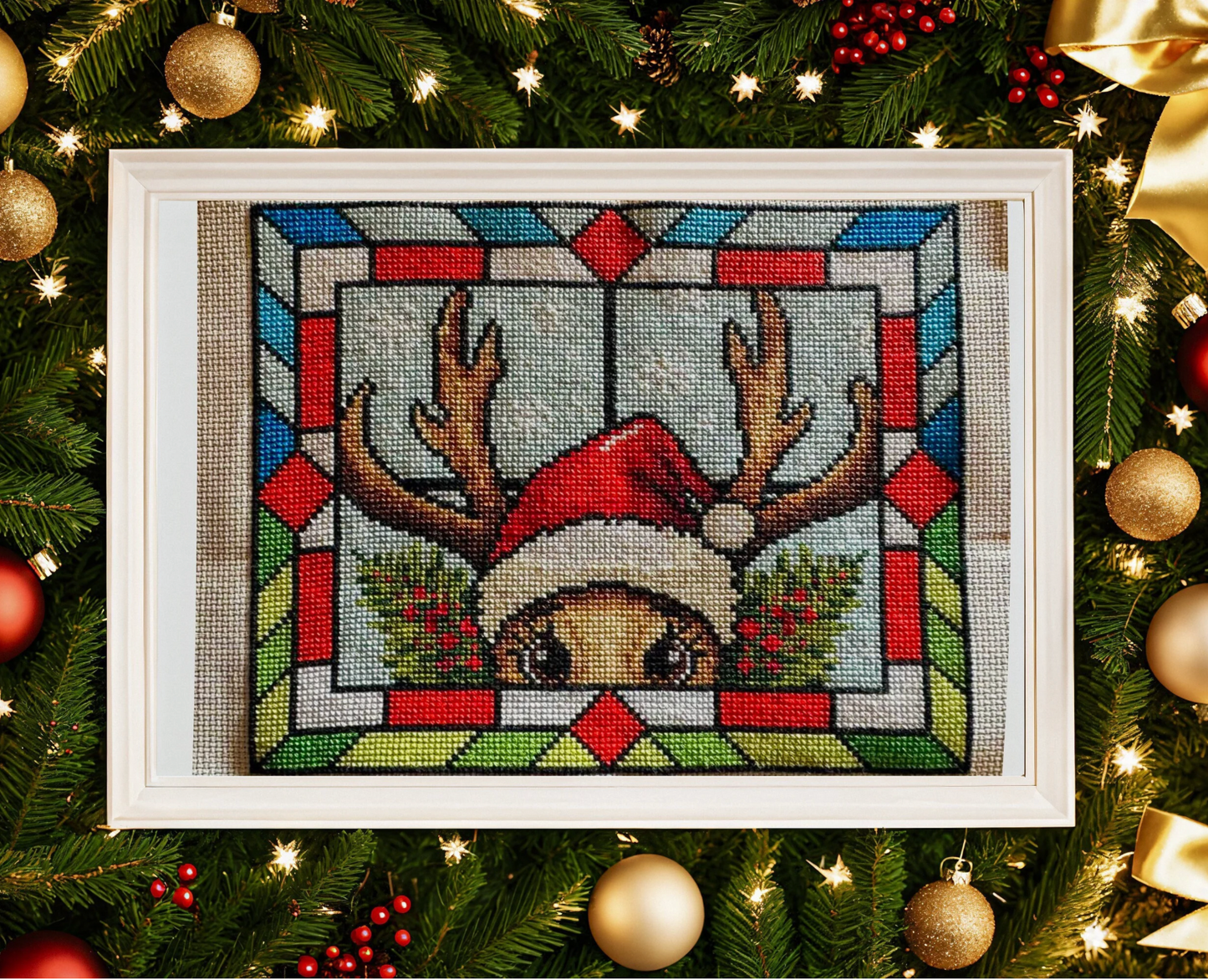 Stained Glass Rudolph The Reindeer Christmas Peeking Cross Stitch Pattern