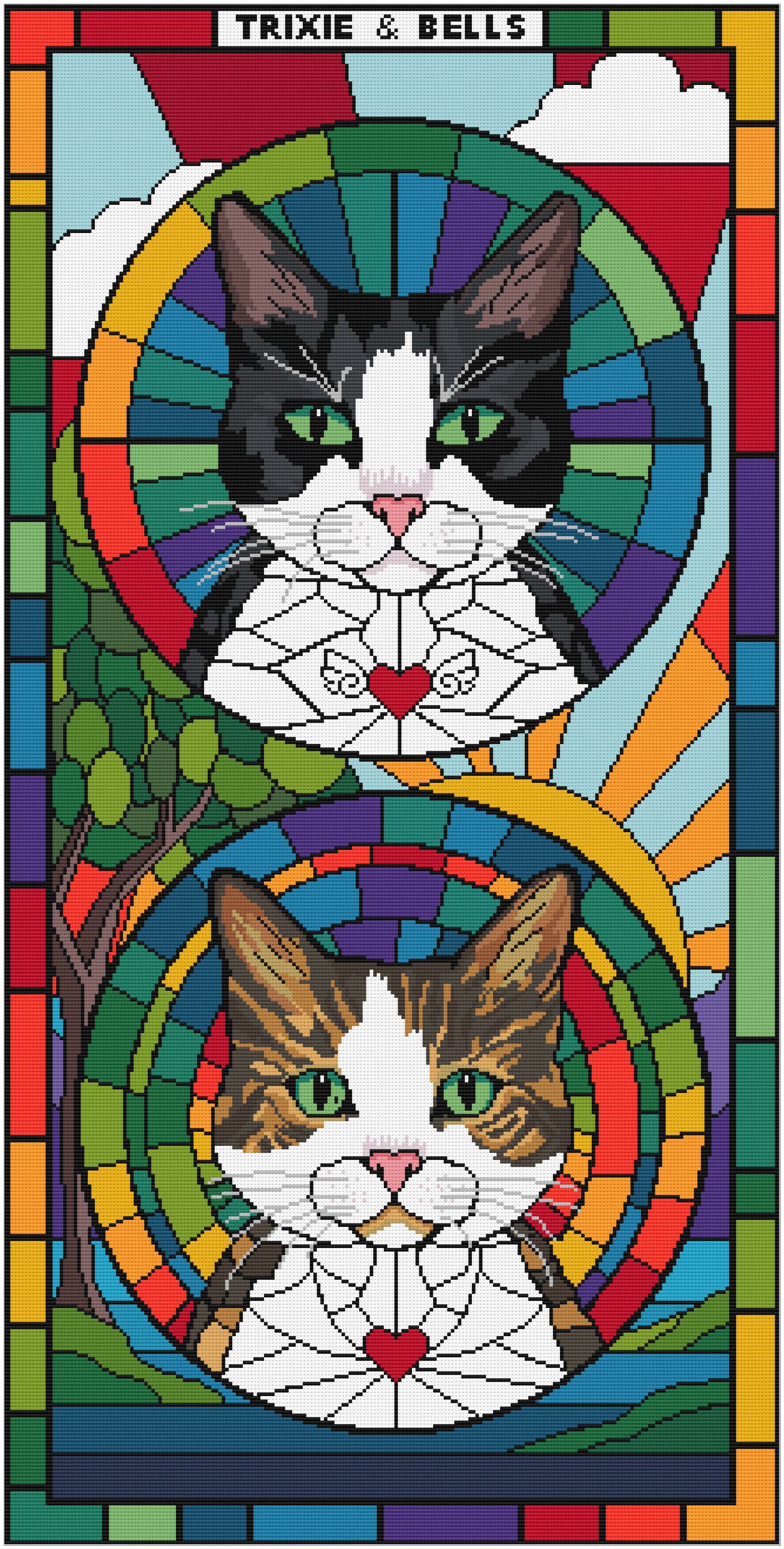 Custom Stained Glass Cat and Dog Portrait Cross Stitch Pattern