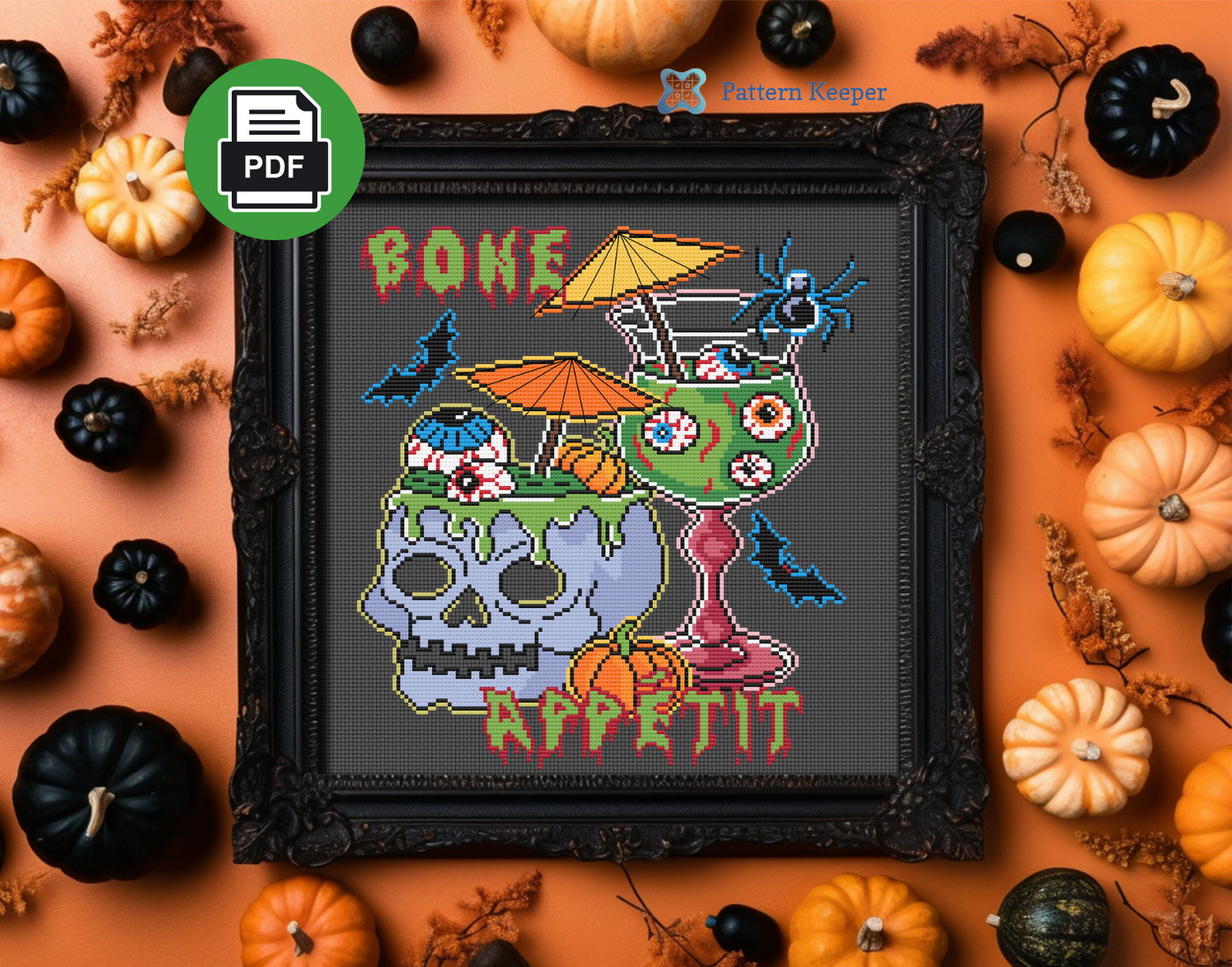 Bone Appetit Skull Cocktail Halloween Cross Stitch Pattern