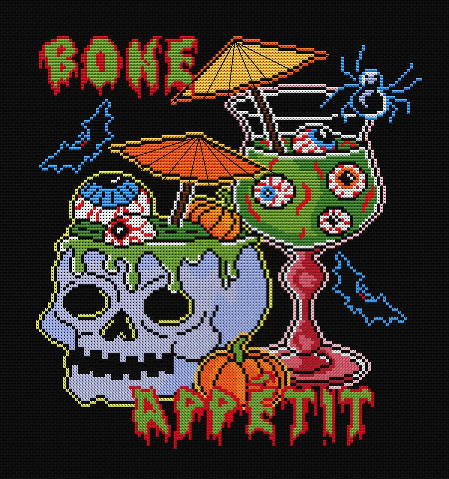 Bone Appetit Skull Cocktail Halloween Cross Stitch Pattern