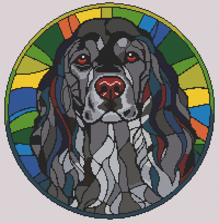 Stained Glass English Cocker Spaniel Black Cross Stitch Pattern