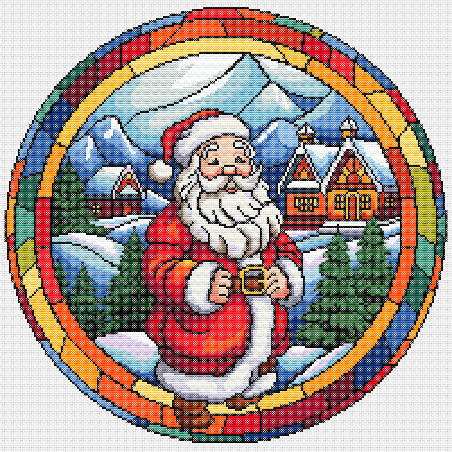 Stained Glass Santa Christmas Cross Stitch Pattern