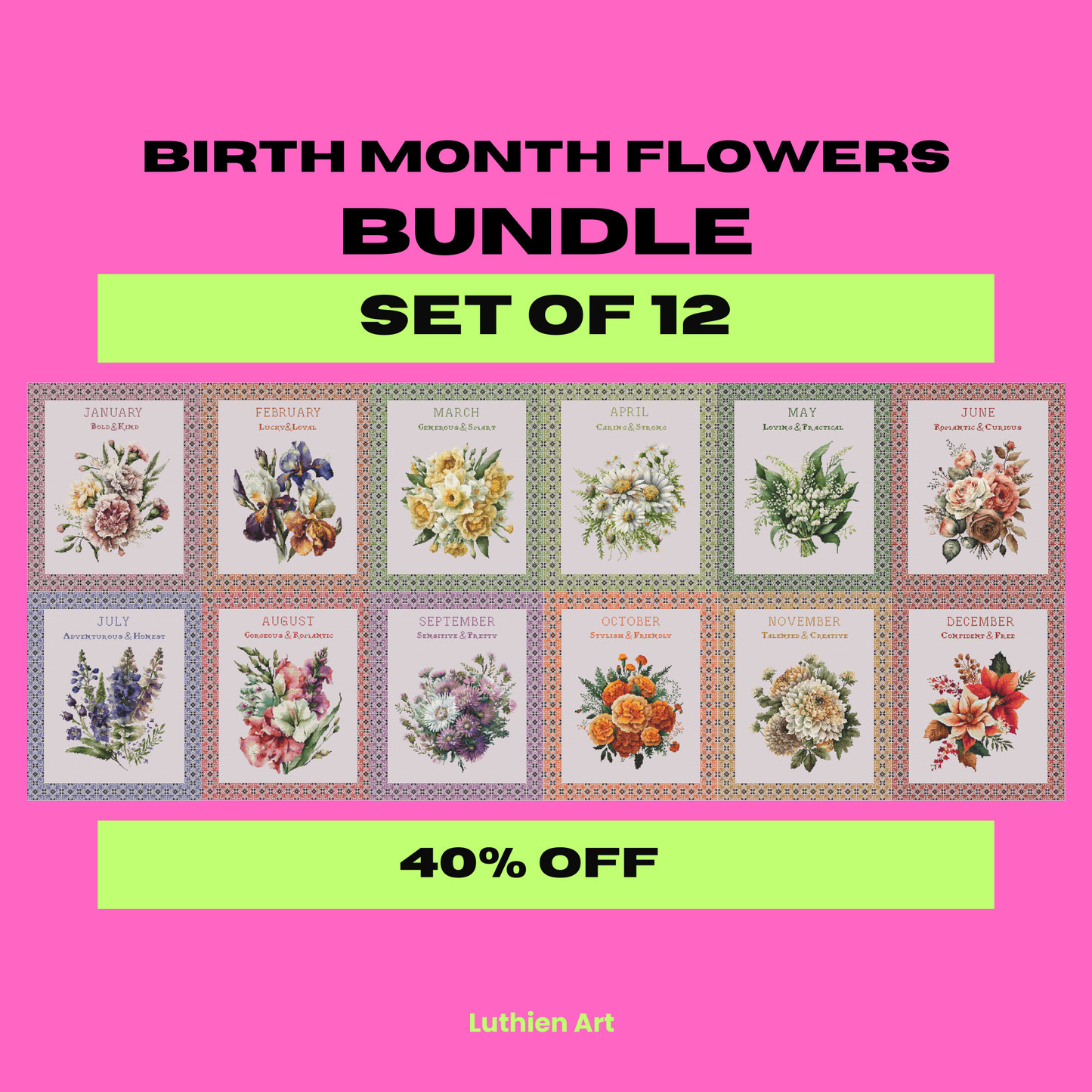 Set of 12 BUNDLE Vintage Birth Month Flowers Cross Stitch Patterns