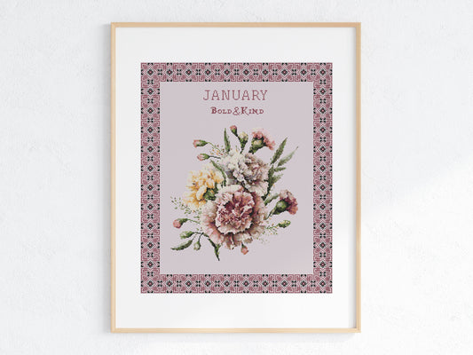 Vintage January Birth Month Flower Cross Stitch Sampler