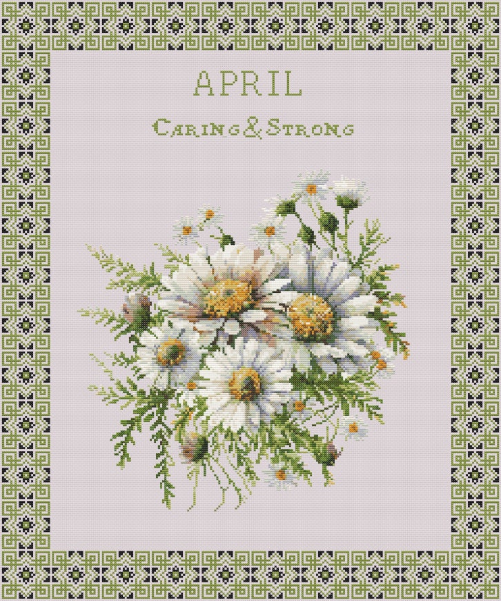 Vintage April Birth Month Flower Cross Stitch Sampler