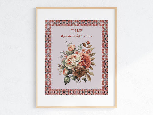 Vintage June Birth Month Flower Cross Stitch Sampler