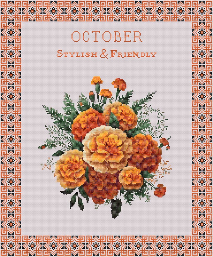 Vintage October Birth Month Flower Cross Stitch Sampler