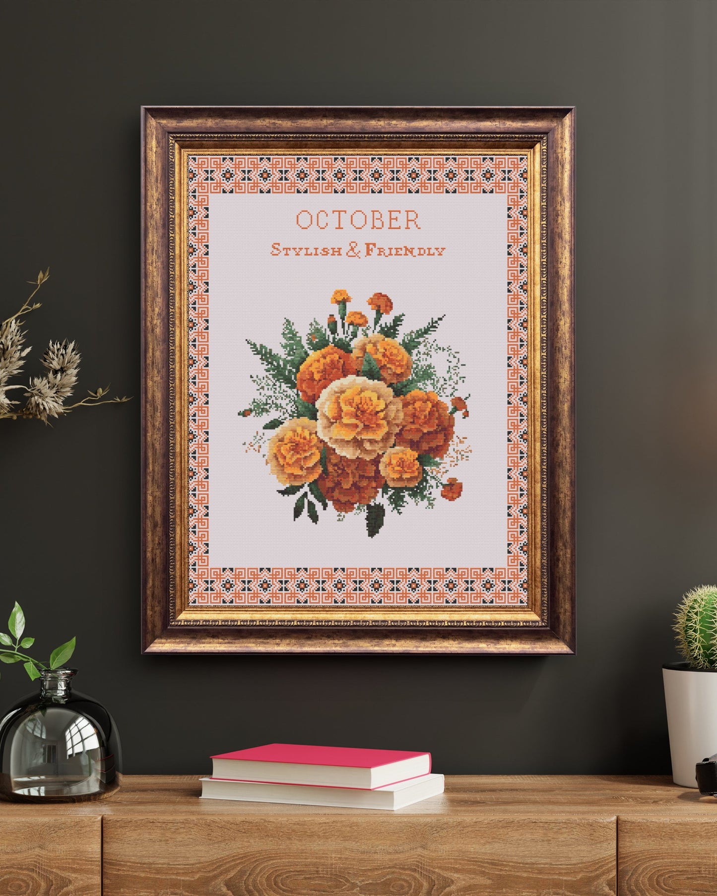 Vintage October Birth Month Flower Cross Stitch Sampler