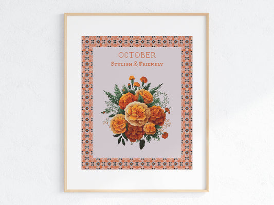 Vintage October Birth Month Flower Cross Stitch Sampler