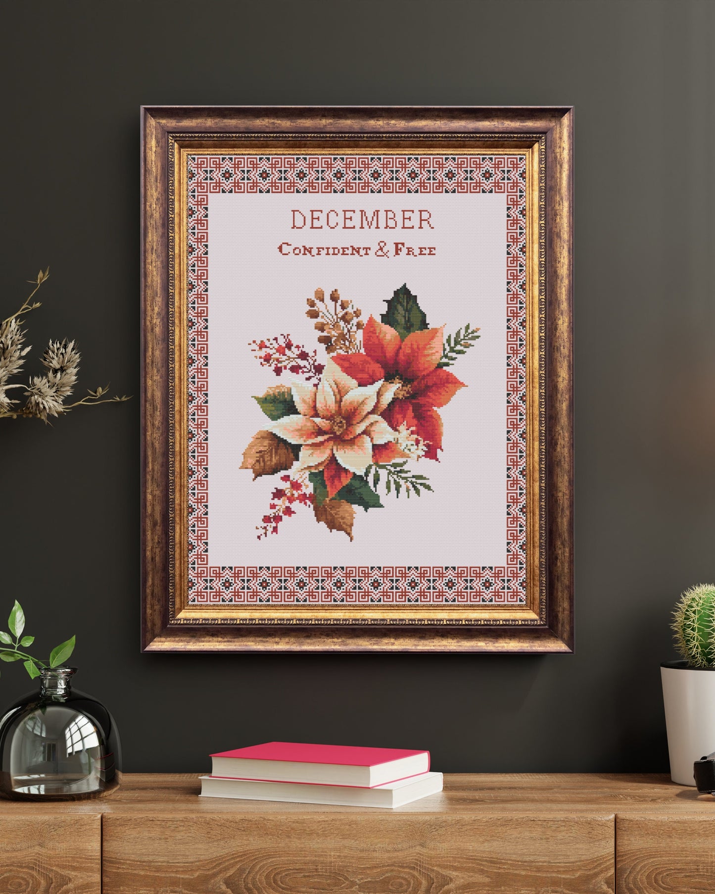 Vintage December Birth Month Flower Cross Stitch Sampler