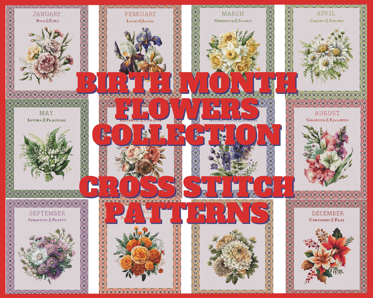 Set of 12 BUNDLE Vintage Birth Month Flowers Cross Stitch Patterns