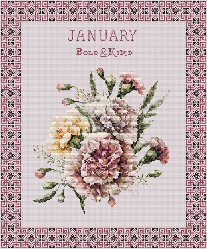 Vintage January Birth Month Flower Cross Stitch Sampler