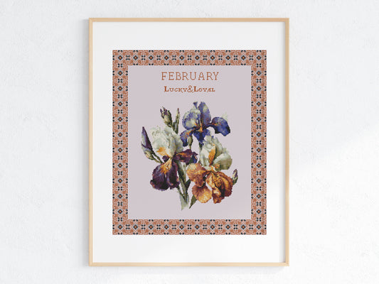 Vintage February Birth Month Flower Cross Stitch Sampler