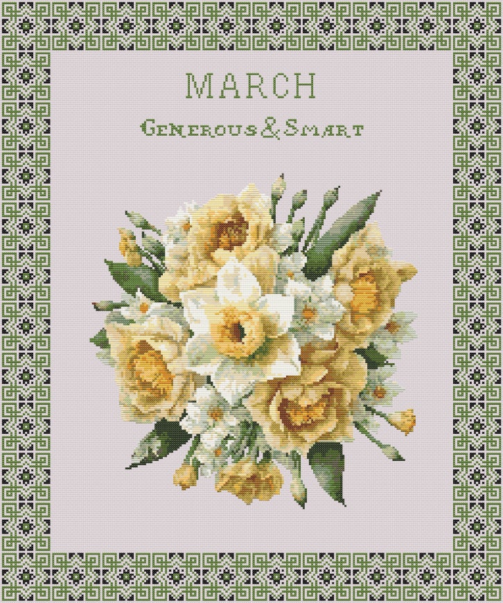 Vintage March Birth Month Flower Cross Stitch Sampler