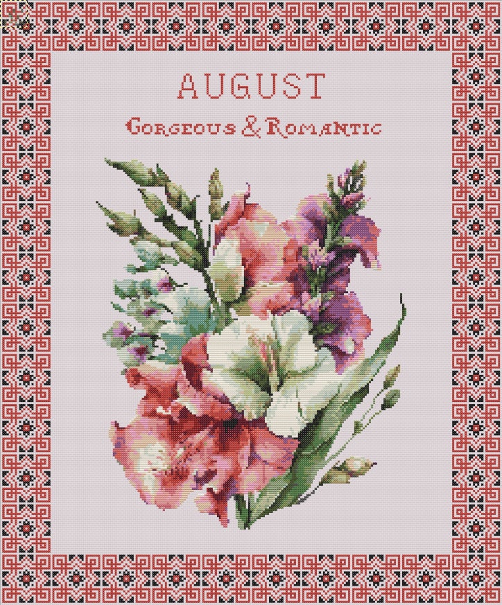 Vintage August Birth Month Flower Cross Stitch Sampler