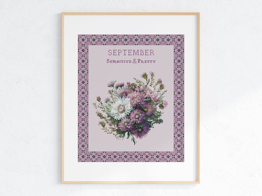 Vintage September Birth Month Flower Cross Stitch Sampler