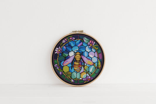 Stained Glass Bee Cross Stitch Pattern - Blue