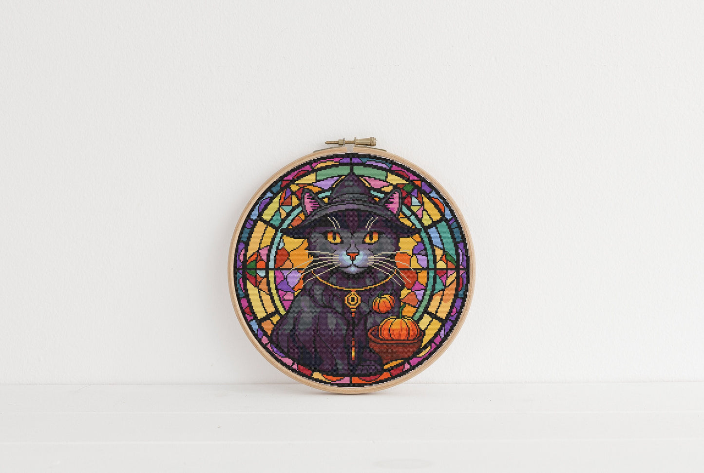 Stained Glass Witchy Cat Cross Stitch Pattern