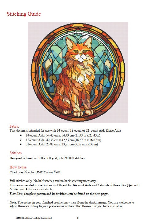 Stained Glass Cats Cross Stitch Pattern - Yellow Long-Haired Domestic Cat