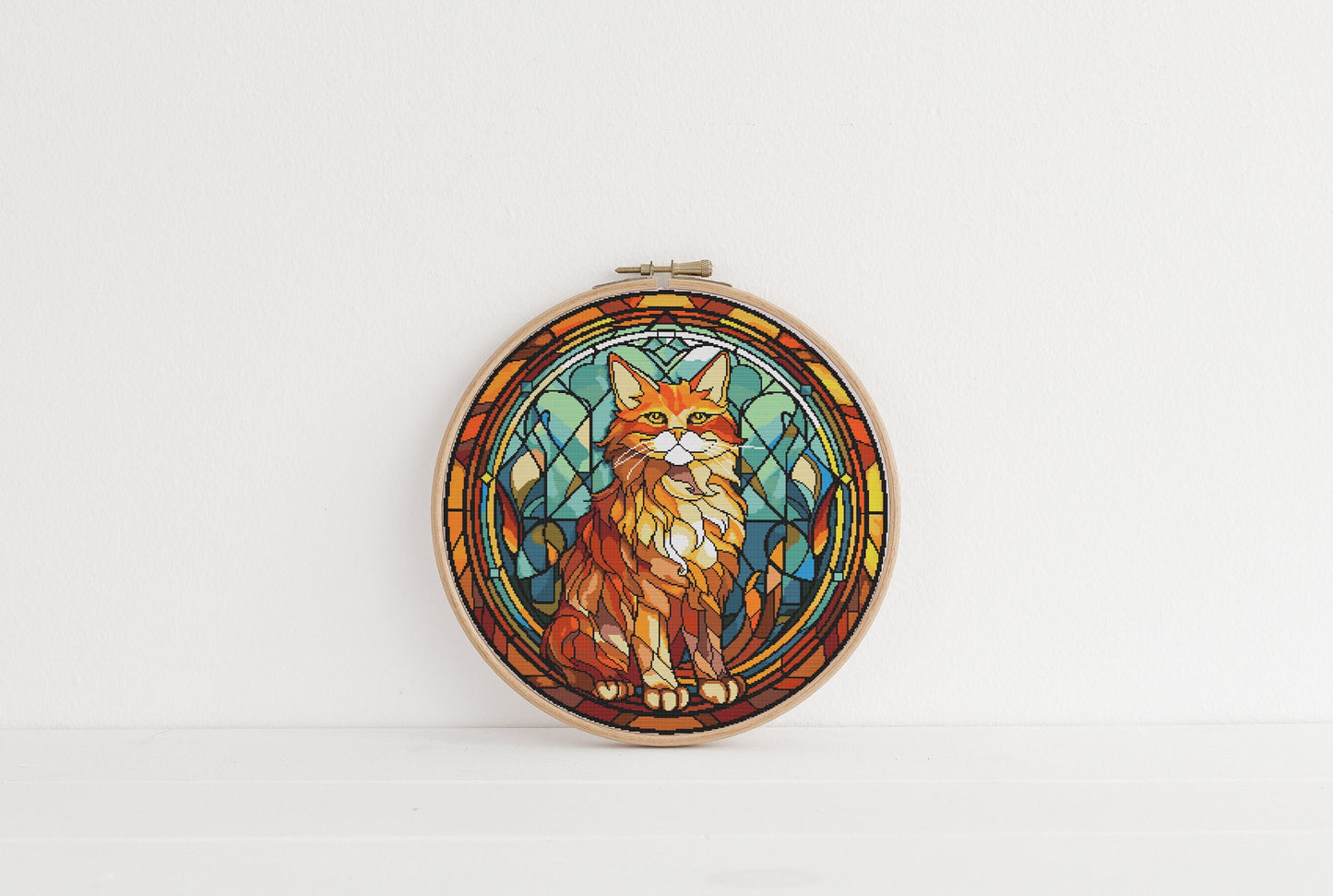 Stained Glass Cats Cross Stitch Pattern - Yellow Long-Haired Domestic Cat