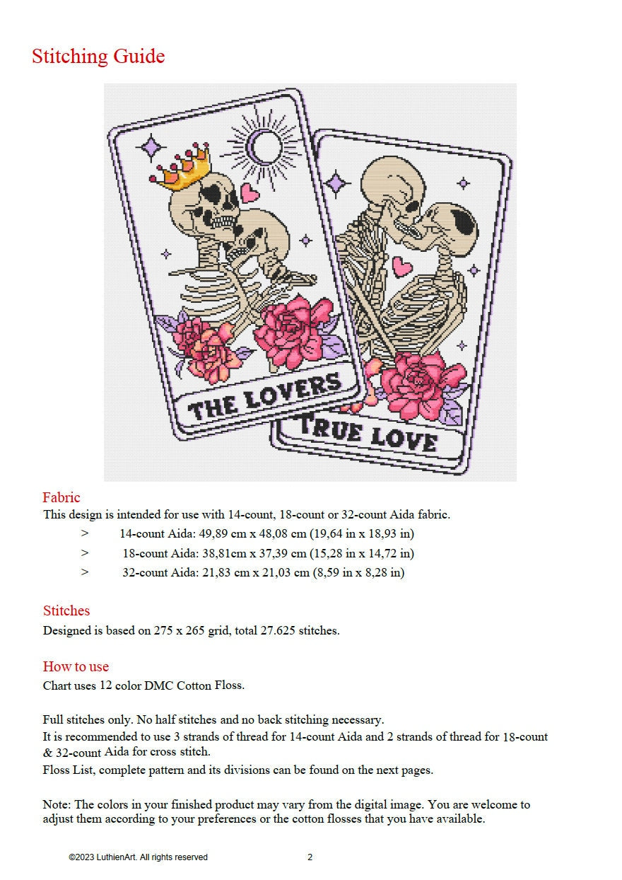 Skeleton Lovers Tarot Cross Stitch Pattern - White Fabric Version