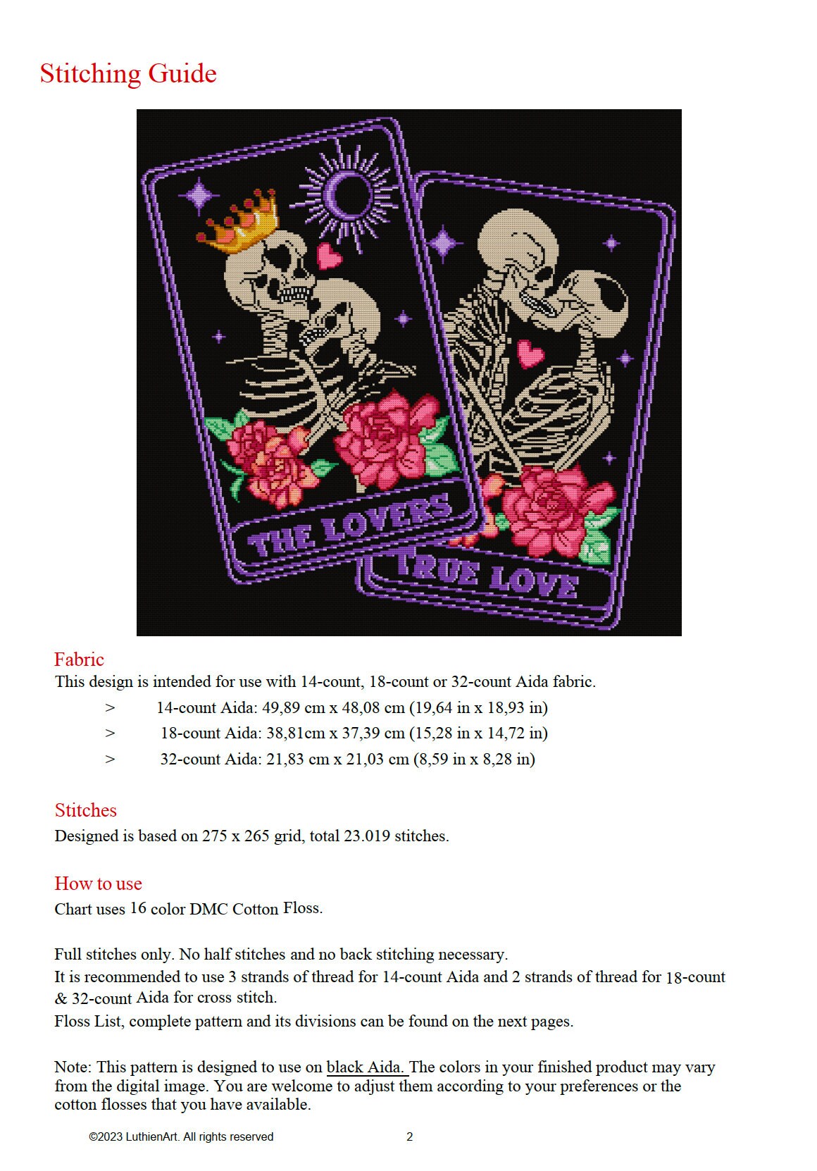 Skeleton Lovers Tarot Cross Stitch Pattern - Black Fabric Version