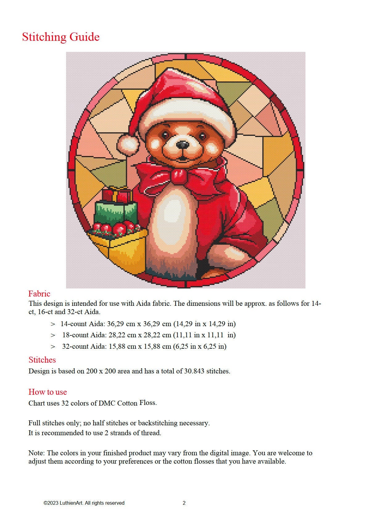 Stained Glass Teddy Bear Christmas Cross Stitch Pattern