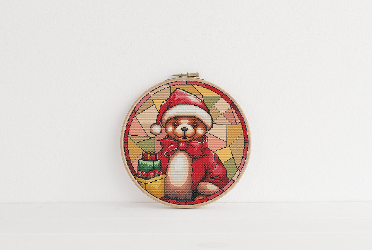 Stained Glass Teddy Bear Christmas Cross Stitch Pattern