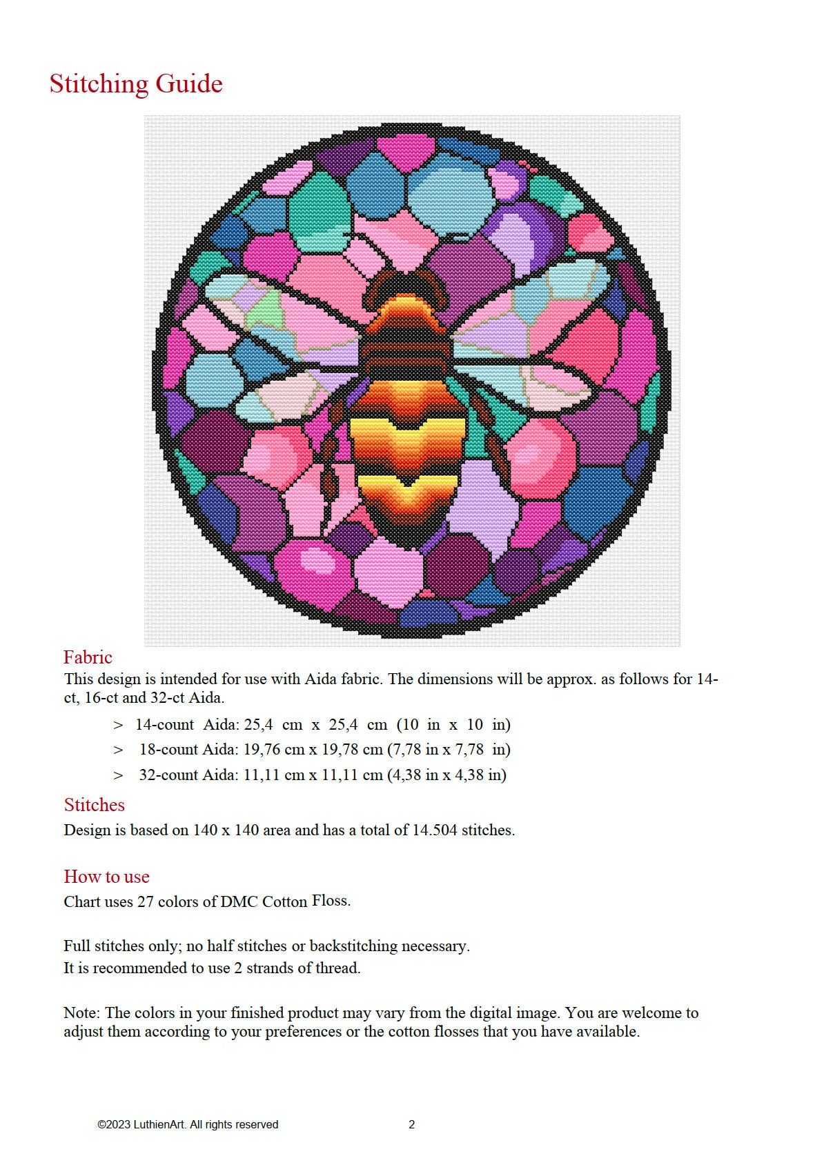 Stained Glass Bee Cross Stitch Pattern - Pink & Purple