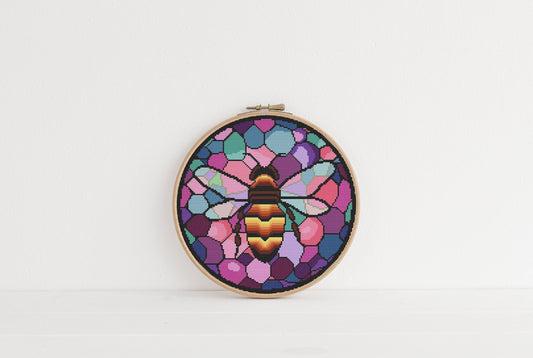 Stained Glass Bee Cross Stitch Pattern - Pink & Purple